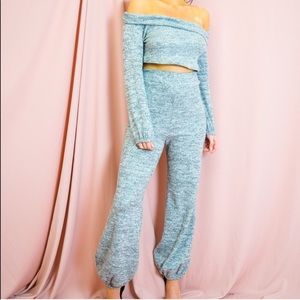 Grey Gray Knit Crop Top Jogger Pants Set